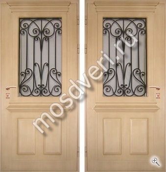Входная дверь в коттедж из светлого массива со стеклом и ковкой - купить от производителя Мосдвери Входная дверь в коттедж из светлого массива со стеклом и ковкой
